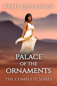 A woman wearing a long white dress and a golden sash stands in front of a blurred background with a desert and purple mountains.