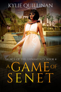 A woman wearing a white gown and a multicoloured flat collar walks past a paved area surrounding a pool. In the background stands an Egyptian temple and trees.
