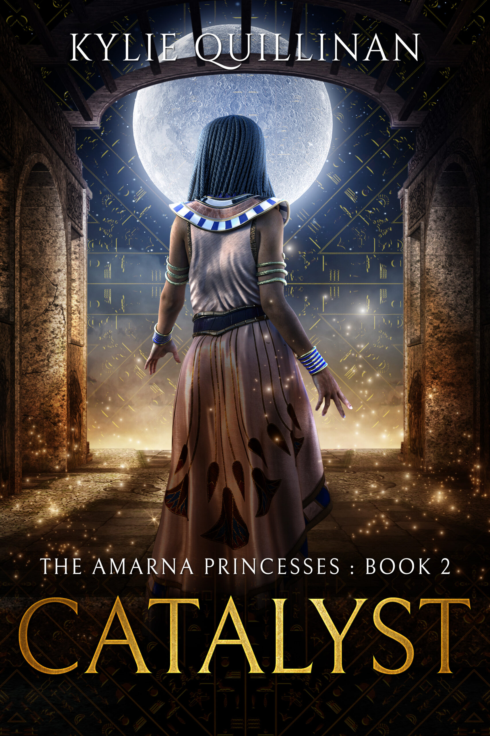 A woman wearing a white gown with stylised papyrus flowers stands between two Egyptian pillars and looks out at a night sky covered with hieroglyphs.