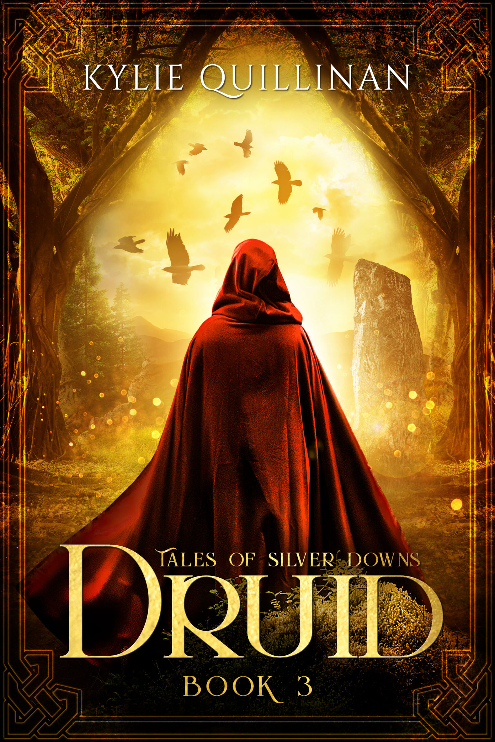 A figure wearing a red cape stands with their back to the viewer. In front of them are standing stones and a sky filled with circling birds.