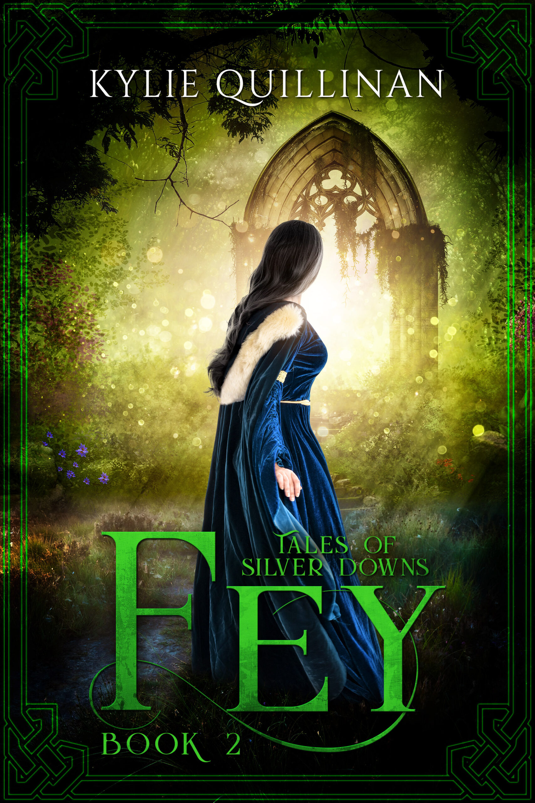 A woman wearing a long blue gown with a fur hood looks towards a fairy gate in a forest.