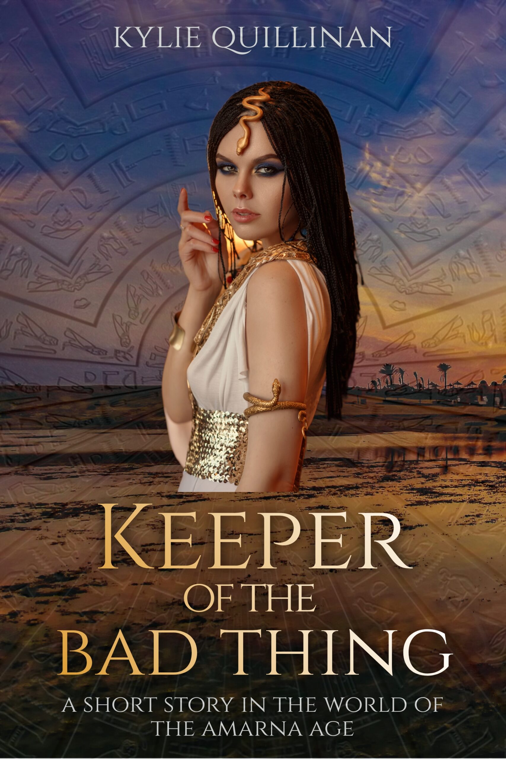 The cover of Keeper of the Bad Thing shows a woman standing in front of a beach. She wears a white gown, golden snake bracelet on her upper arm, and a golden snake on her forehead.
