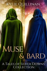 The cover of Muse & Bard has two men with their backs to the viewer. One wears a green cape and the other a blue cape.