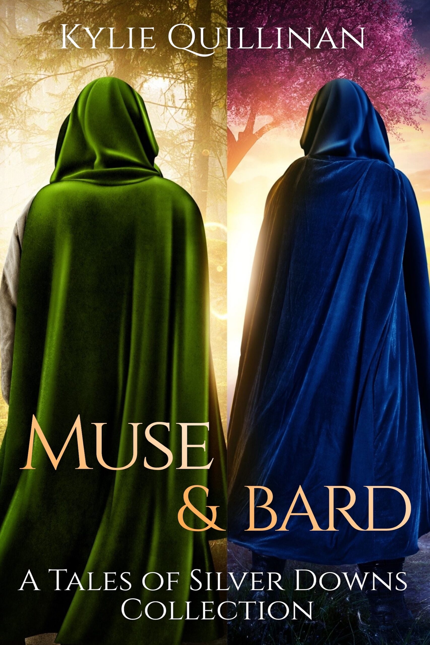 The cover of Muse & Bard has two men with their backs to the viewer. One wears a green cape and the other a blue cape.