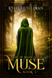 A figure wearing a green cape stands with their back to the viewer. In front of them is a fairy forest.