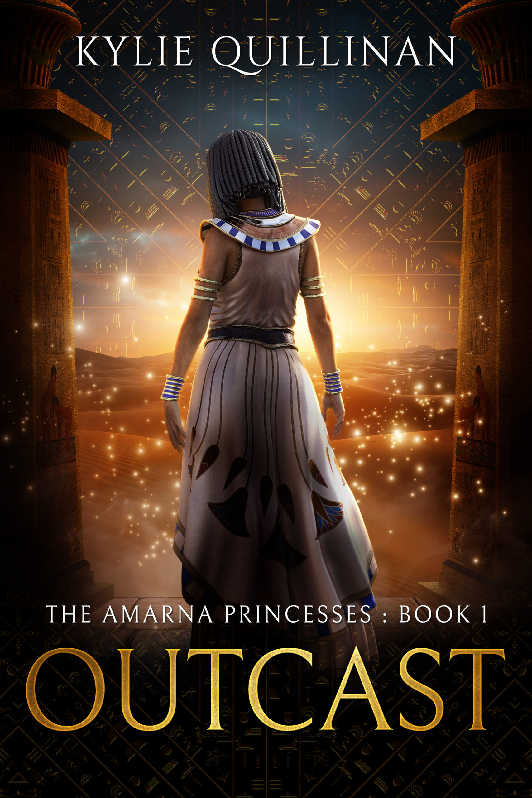 A woman wearing a white gown with stylised papyrus flowers stands between two Egyptian pillars and looks out at a desert landscape shrouded with hieroglyphs.