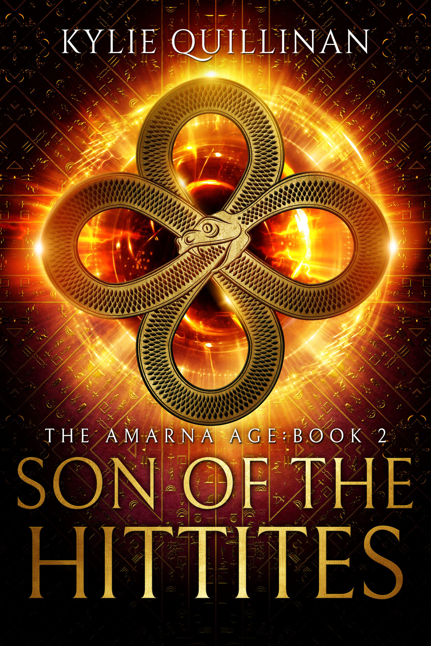 A golden ouroboros set against an orange circular flare.