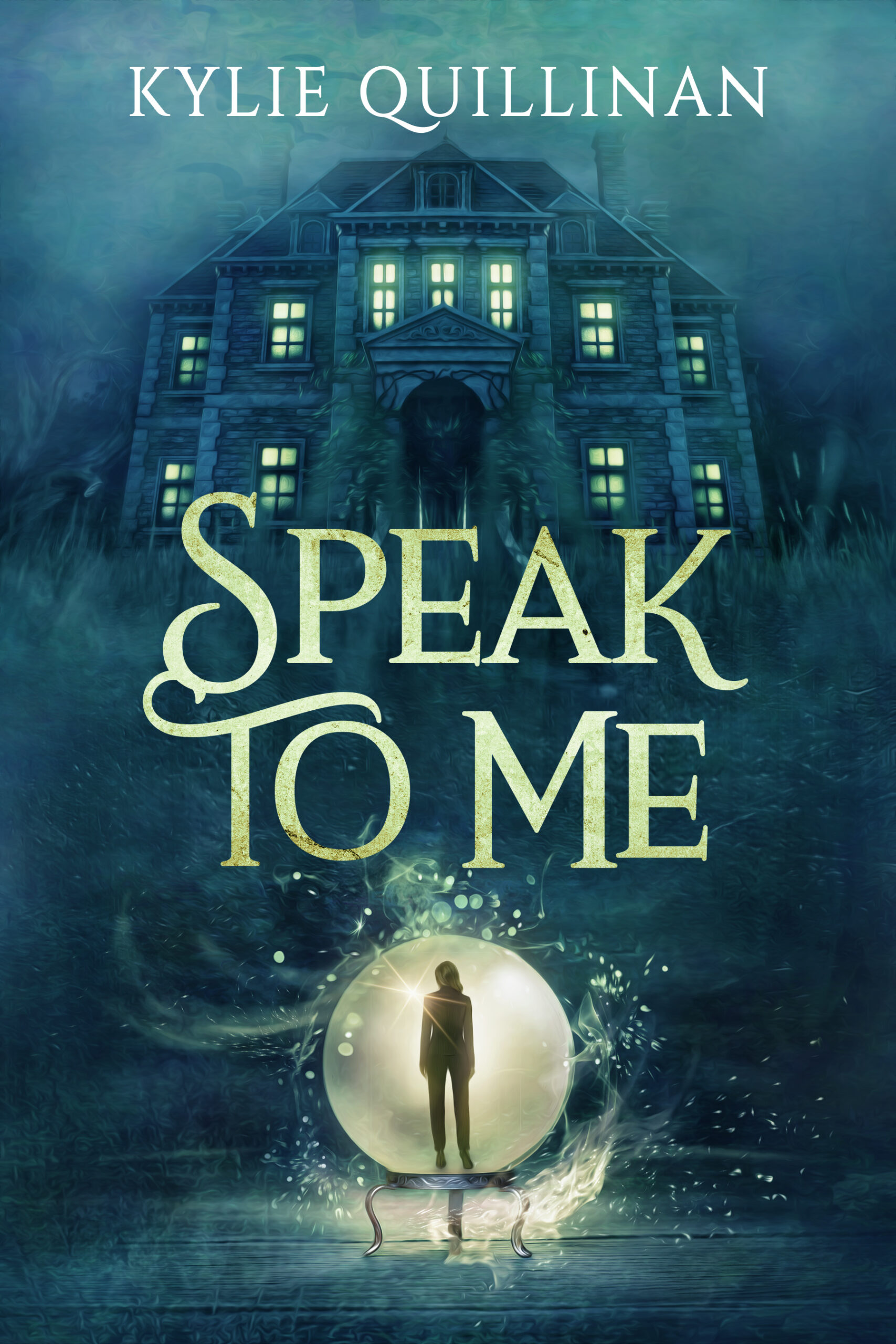 A female figure stands with their back to the view inside a crystal ball. Ahead of her looms a menacing house.