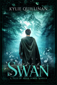 A man wearing a grey cape stands with his back to the view. In front of him is a forest lit with blue light. Feathers fall down around him.