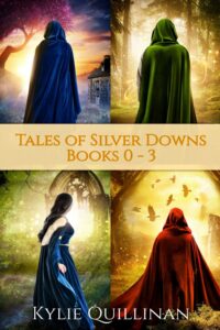 A composite image of the covers of the four books in the series: A figure wearing a blue cape, a figure wearing a green cape, a woman wearing a long blue gown and a figure wearing a red cape, all standing with their backs to the viewer.