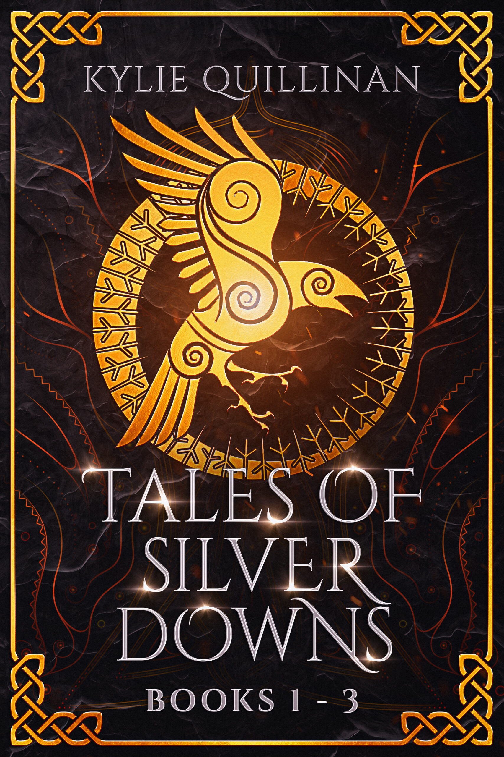 The Tales of Silver Downs cover has a stylised raven inside the outline of a sun.