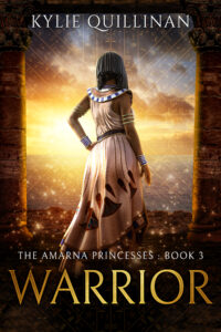 A woman wearing a white gown with stylised papyrus flowers stands between two Egyptian pillars and looks out at cloudy sunset covered with hieroglyphs.