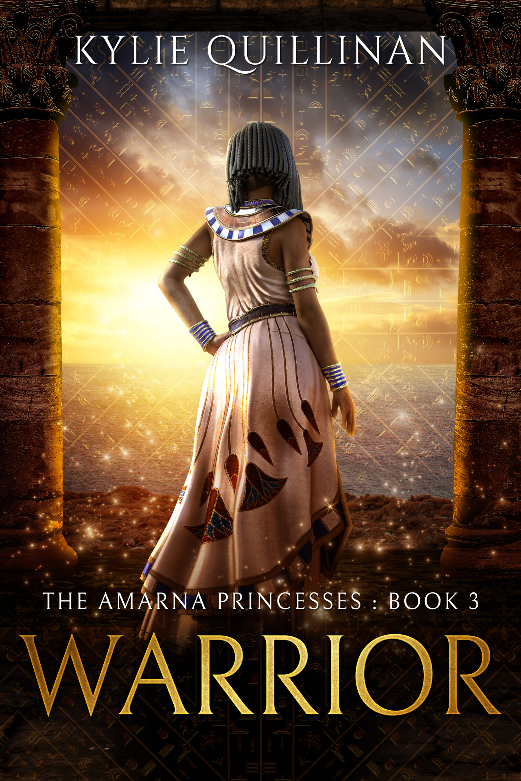 A woman wearing a white gown with stylised papyrus flowers stands between two Egyptian pillars and looks out at cloudy sunset covered with hieroglyphs.